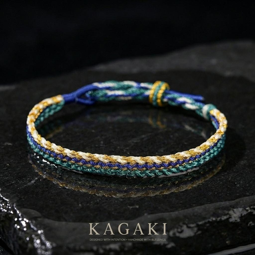 KAGAKI Tibetan couple cord bracelet in multicolor handwoven cotton cord, alternate angle styling view, for matching-pair devotion and protection