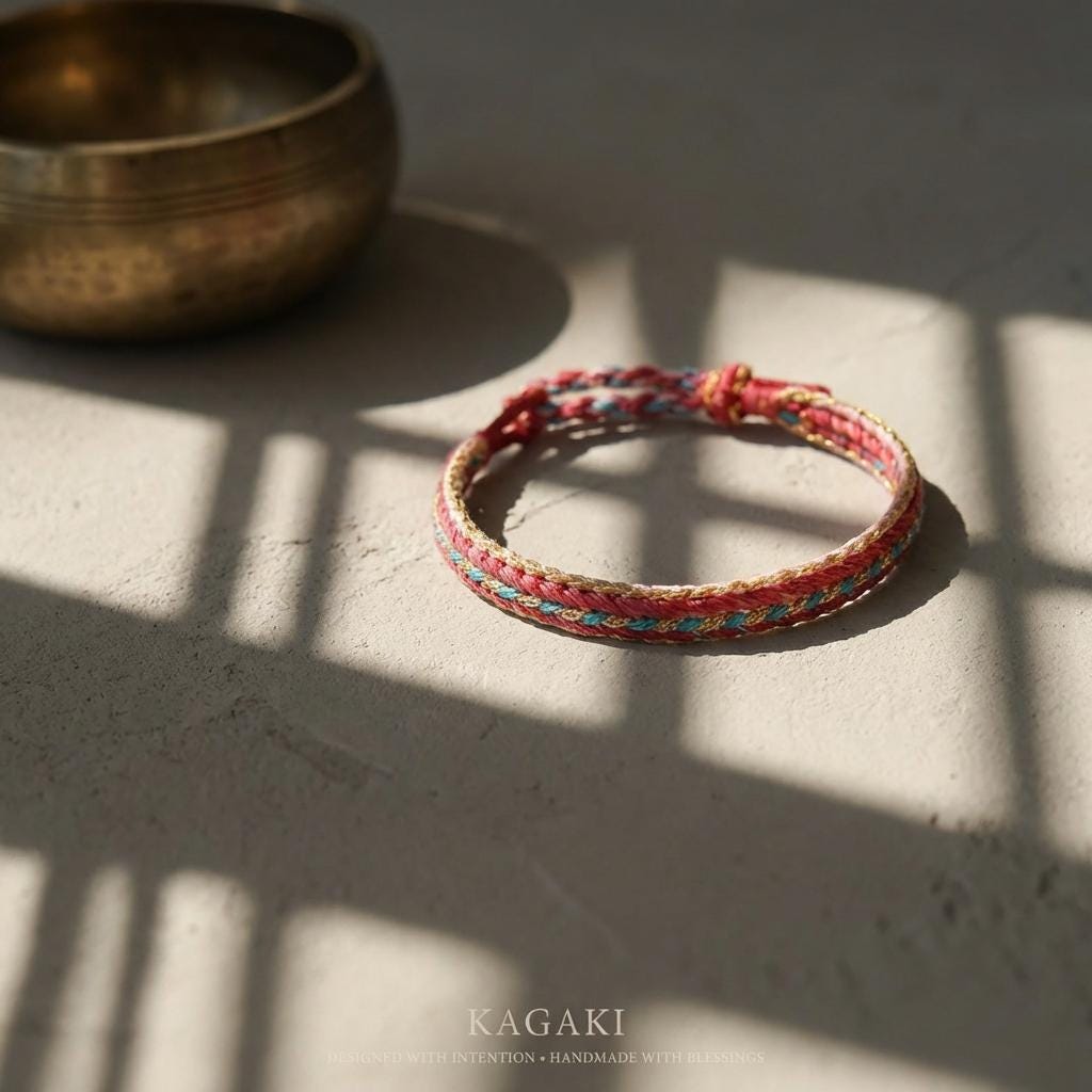 KAGAKI Tibetan couple cord bracelet in multicolor handwoven cotton cord, top-down editorial flat-lay view, for matching-pair devotion and protection