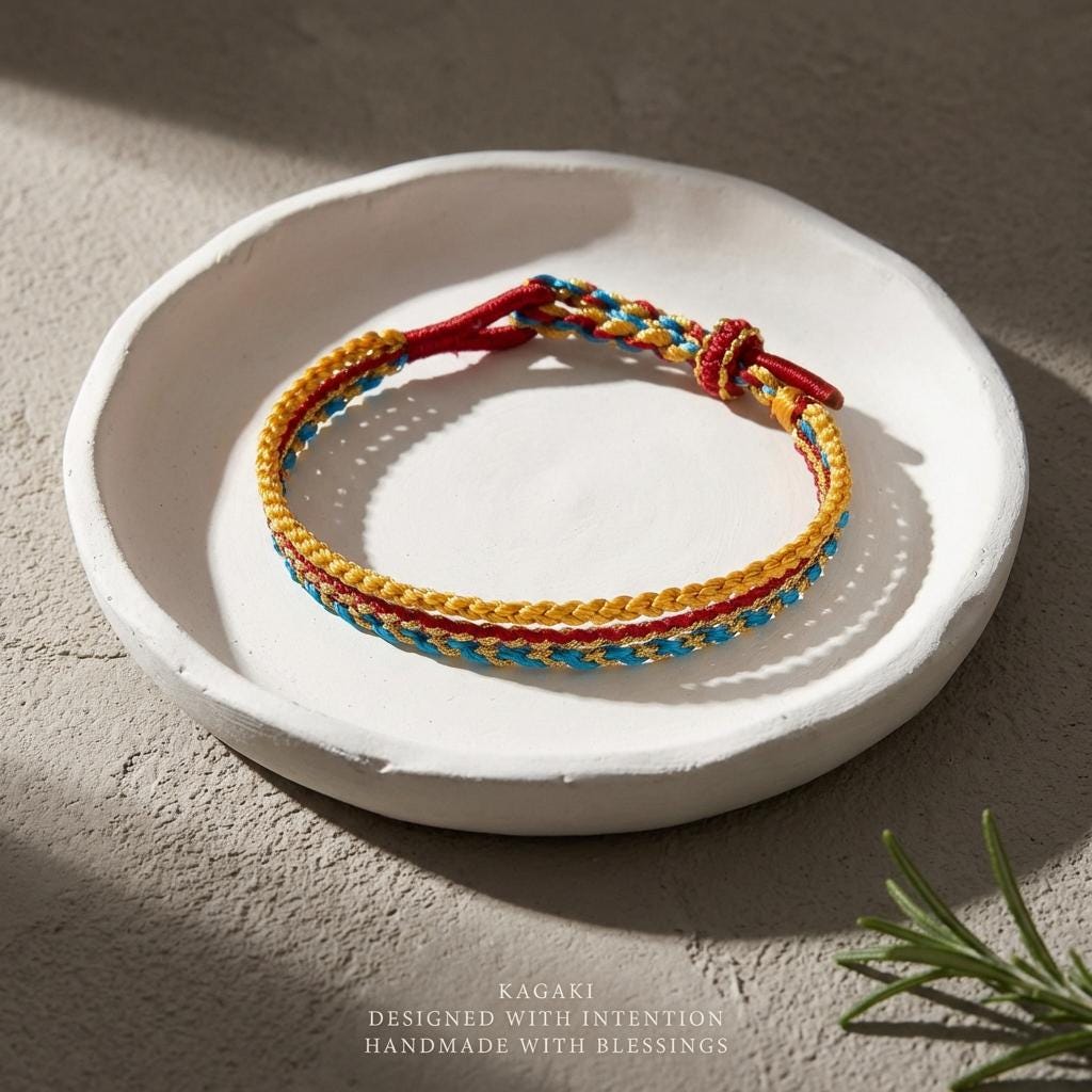 KAGAKI Tibetan couple cord bracelet in multicolor handwoven cotton cord, close-up handwoven knot detail, for matching-pair devotion and protection