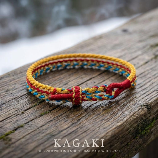 KAGAKI Tibetan couple cord bracelet in multicolor handwoven cotton cord, main product view, for matching-pair devotion and protection