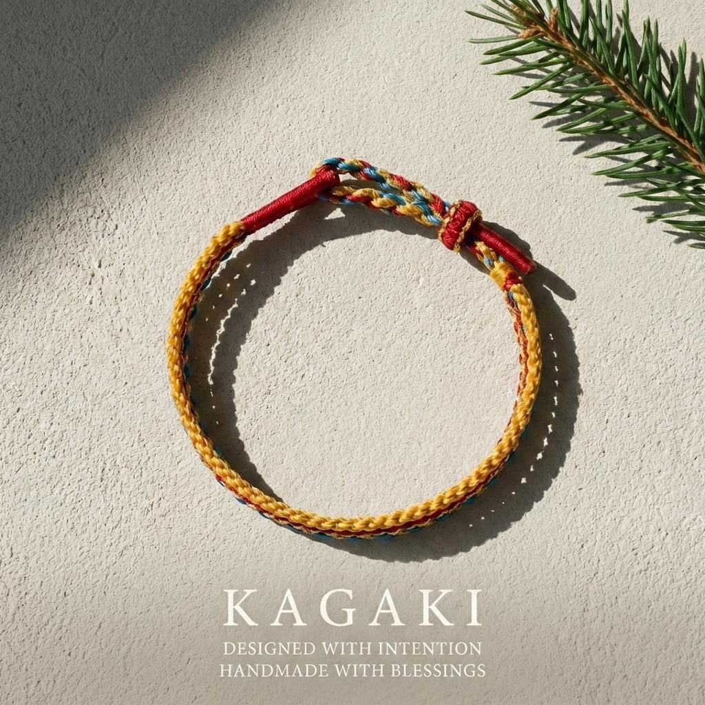 KAGAKI Tibetan couple cord bracelet in multicolor handwoven cotton cord, lifestyle on-wrist styling shot, for matching-pair devotion and protection