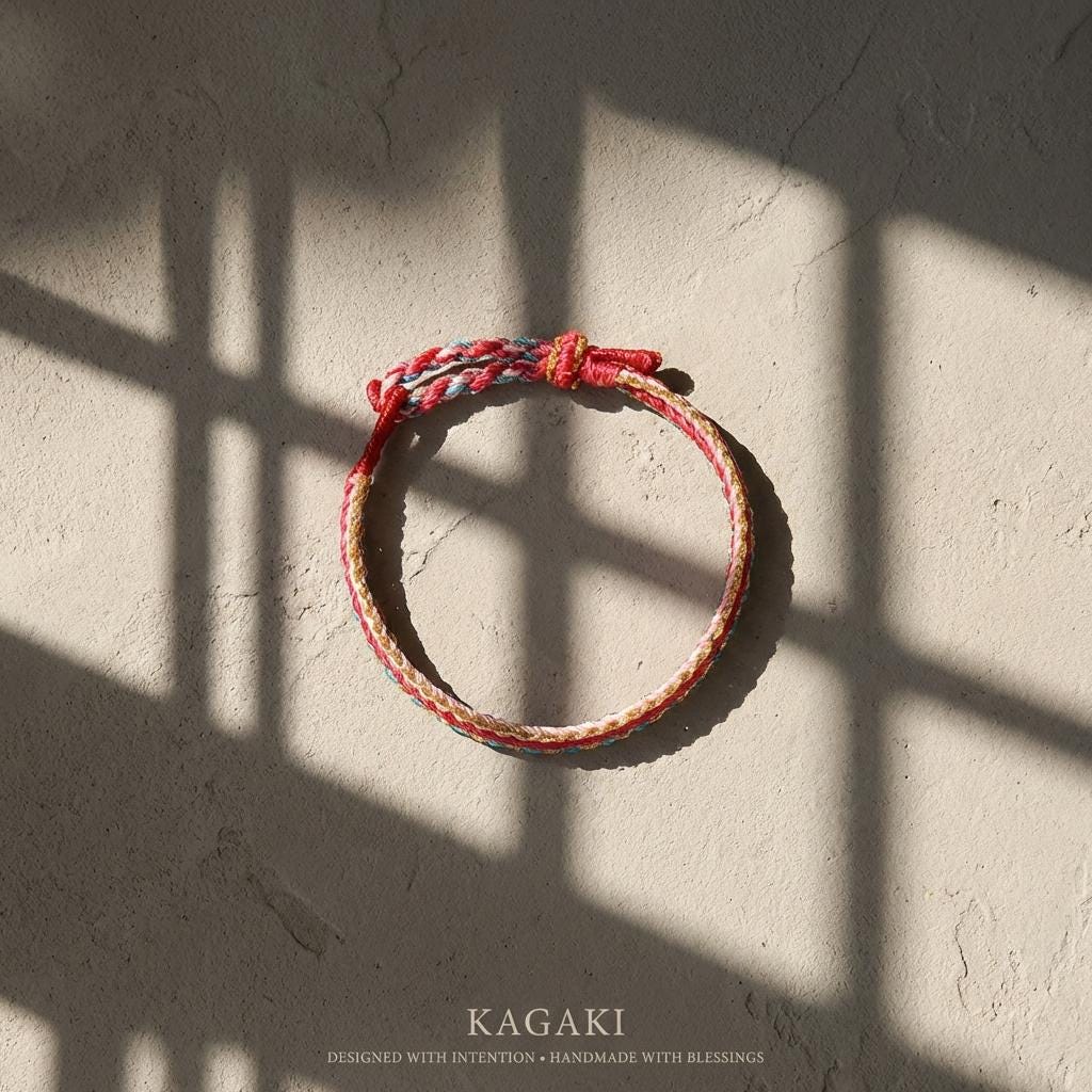 KAGAKI Tibetan couple cord bracelet in multicolor handwoven cotton cord, packaging close-up detail, for matching-pair devotion and protection