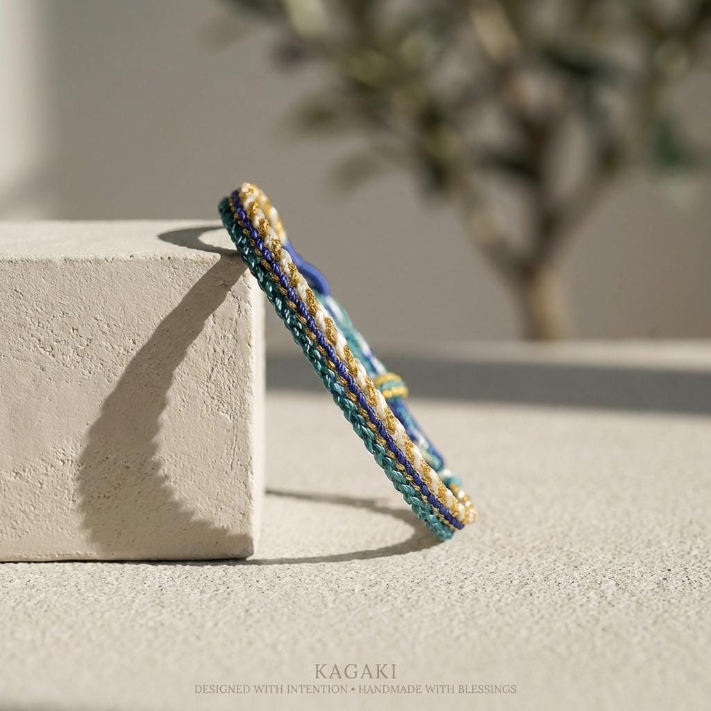 KAGAKI Tibetan couple cord bracelet in multicolor handwoven cotton cord, scale reference shown on hand, for matching-pair devotion and protection