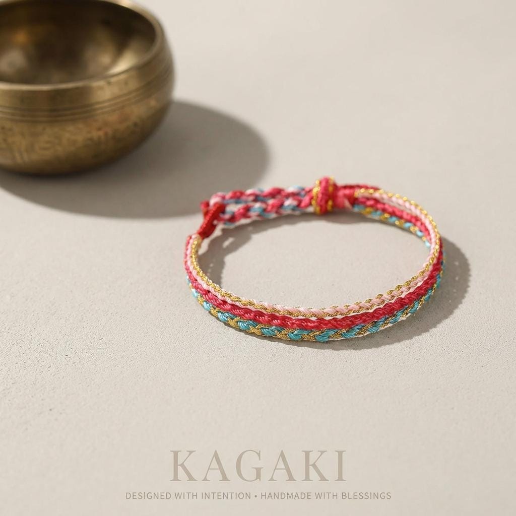 KAGAKI Tibetan couple cord bracelet in multicolor handwoven cotton cord, cord weave texture detail, for matching-pair devotion and protection