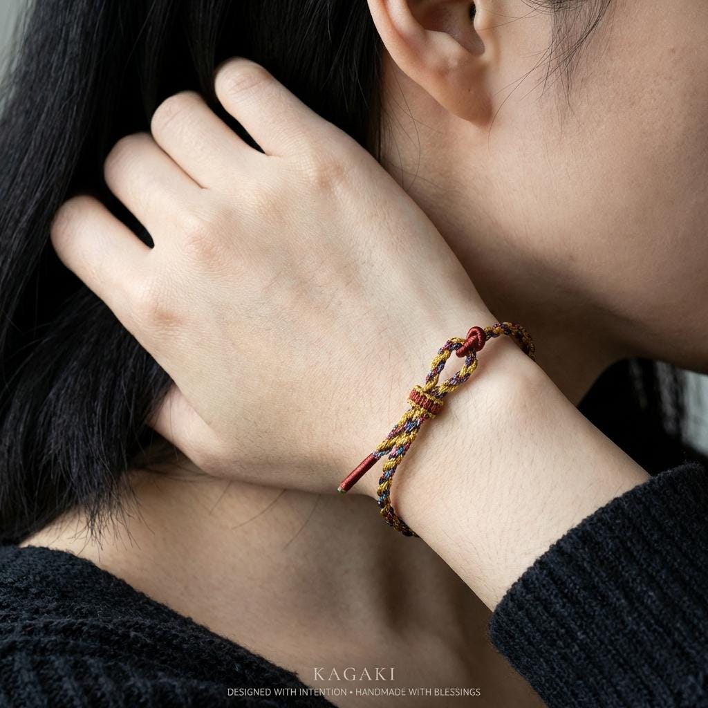 KAGAKI tibetan diy charm cord bracelet in multicolor, alternate angle, for meditation and daily intention