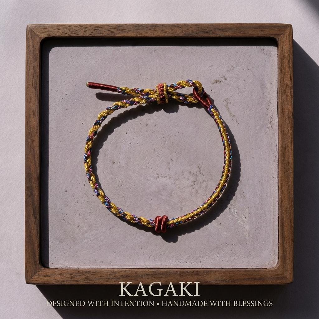 KAGAKI tibetan diy charm cord bracelet in multicolor, on wrist, for meditation and daily intention