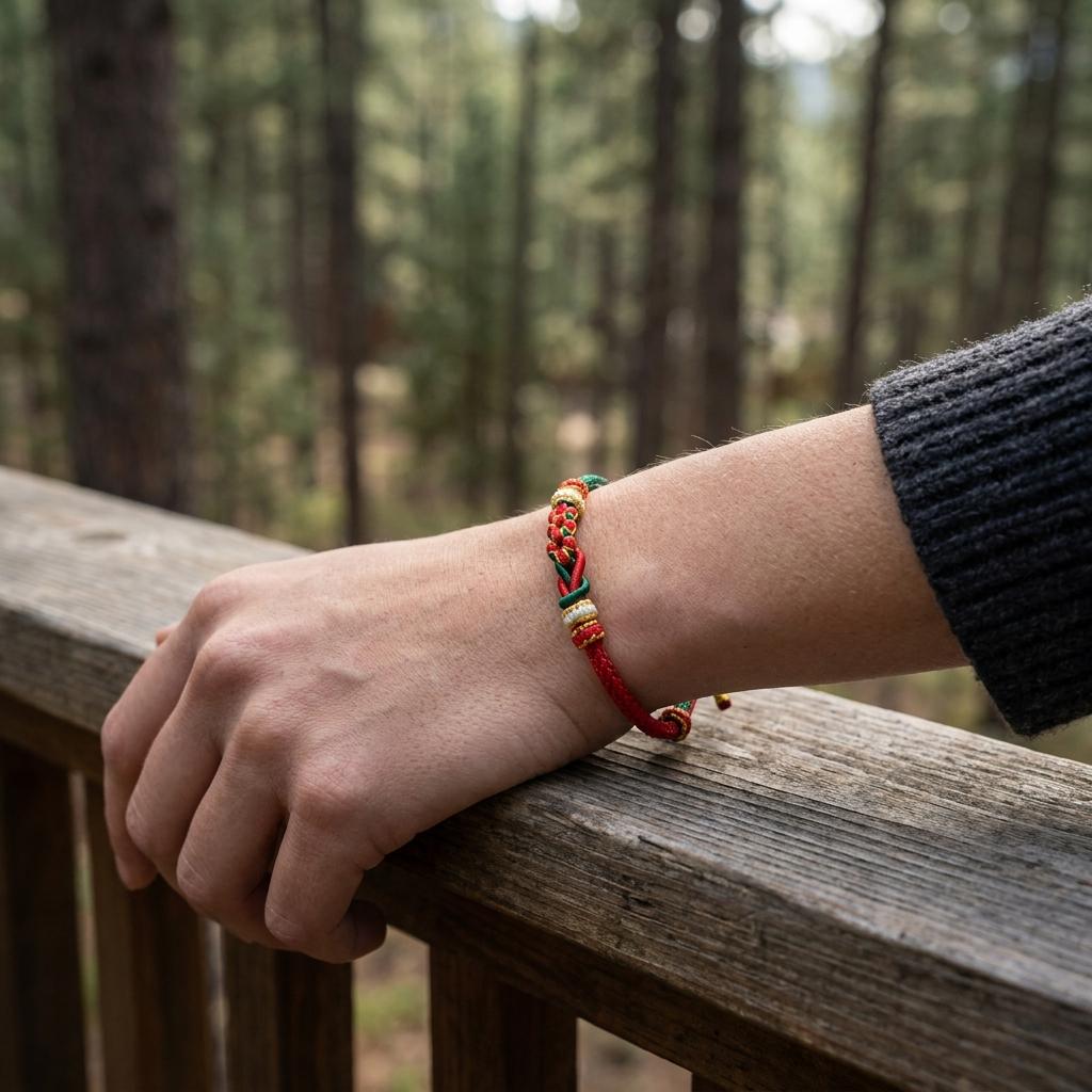 KAGAKI tibetan double knot cord bracelet in multicolor, alternate angle, for meditation and daily intention