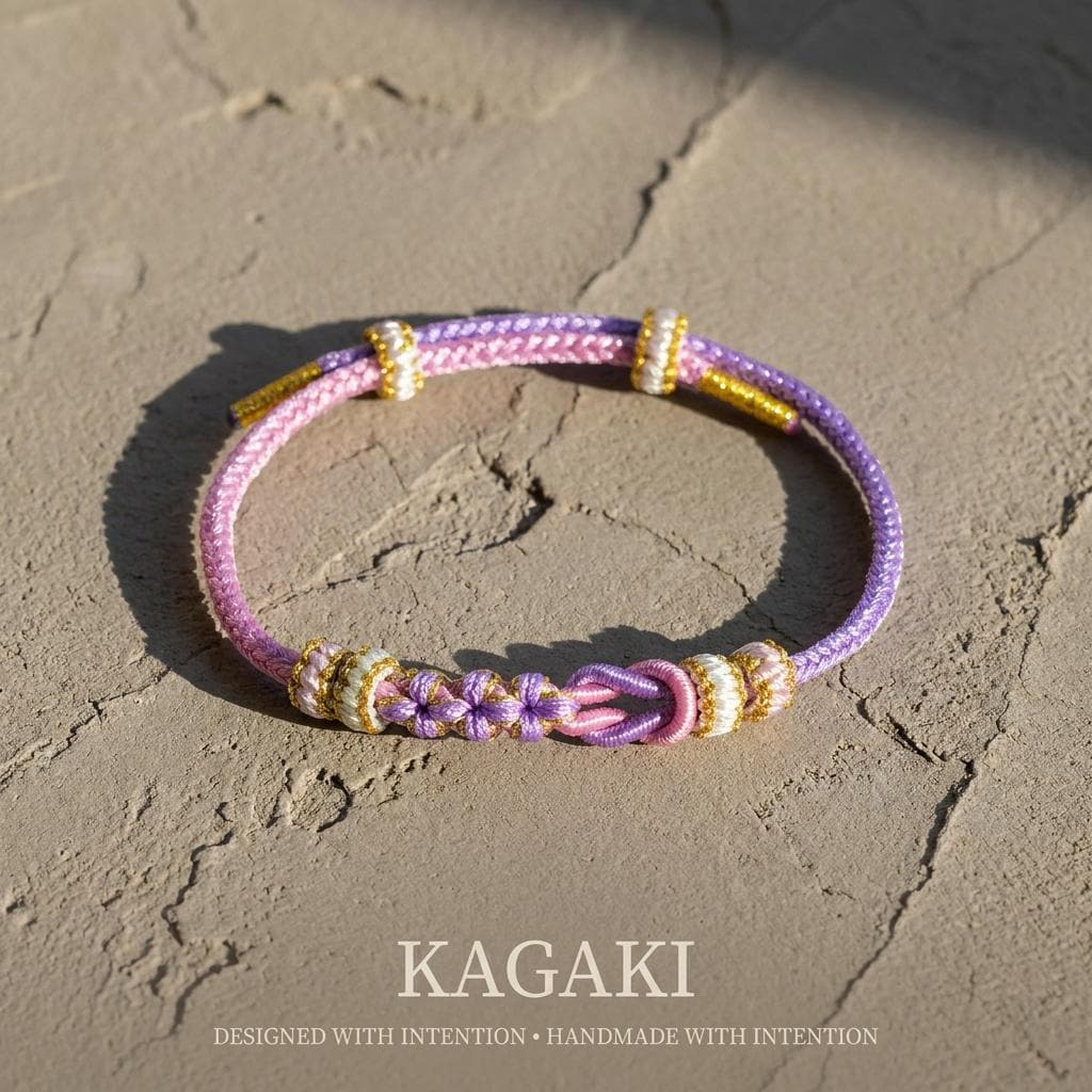 KAGAKI tibetan double knot cord bracelet in multicolor, flat lay, for meditation and daily intention