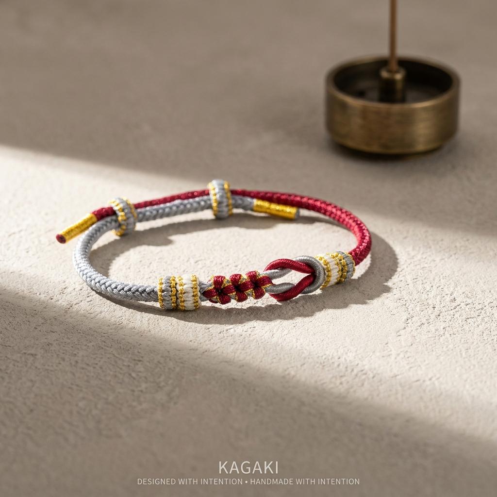 KAGAKI tibetan double knot cord bracelet in multicolor, knot detail, for meditation and daily intention