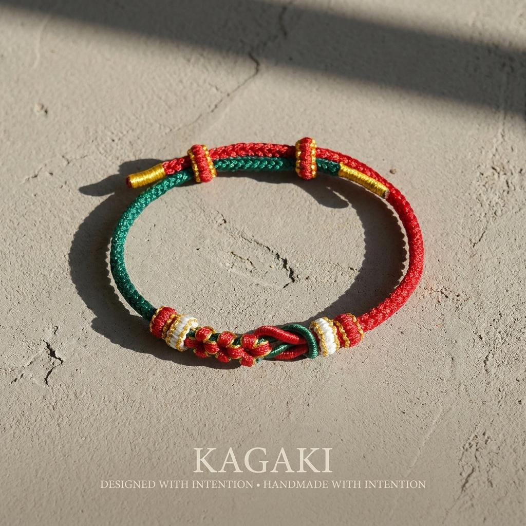 KAGAKI tibetan double knot cord bracelet in multicolor, on wrist, for meditation and daily intention