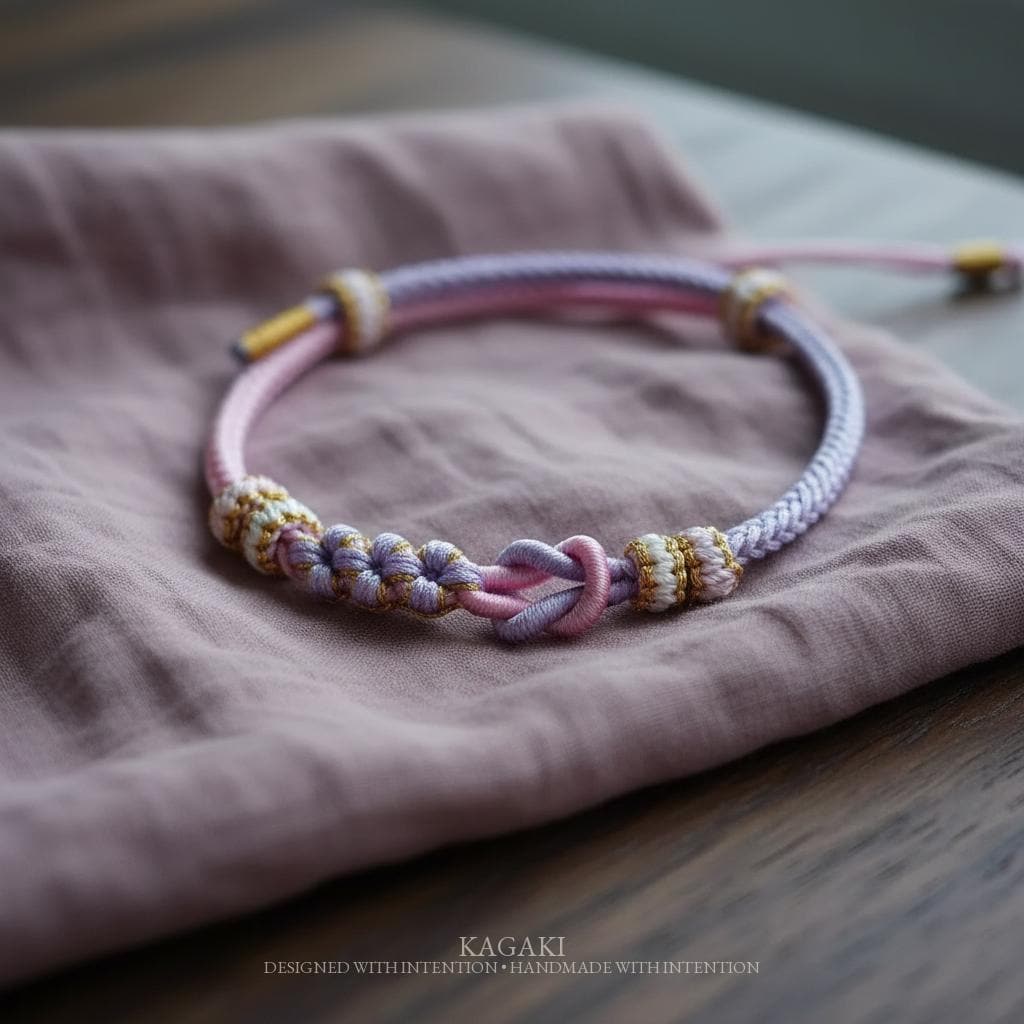 KAGAKI tibetan double knot cord bracelet in multicolor, packaging detail, for meditation and daily intention