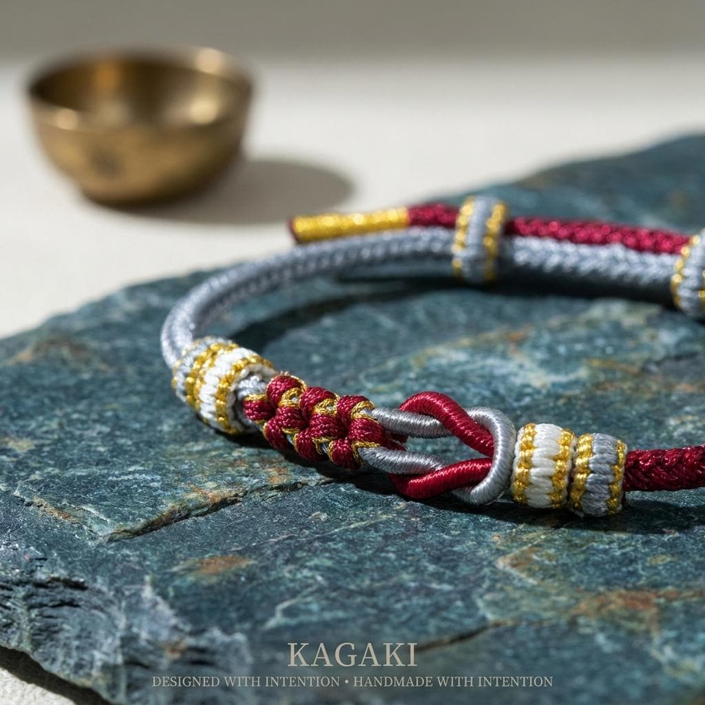 KAGAKI tibetan double knot cord bracelet in multicolor, scale on hand, for meditation and daily intention