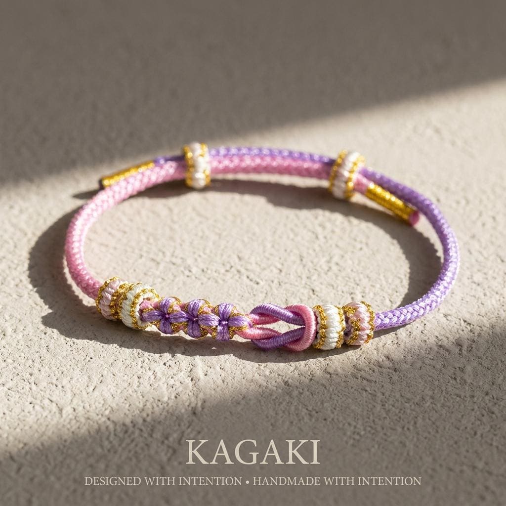 KAGAKI tibetan double knot cord bracelet in multicolor, weave detail, for meditation and daily intention