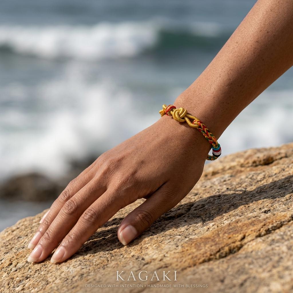 KAGAKI tibetan dragon snake cord bracelet in multicolor, flat lay, for meditation and daily intention