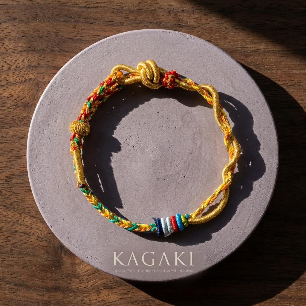 KAGAKI tibetan dragon snake cord bracelet in multicolor, on wrist, for meditation and daily intention