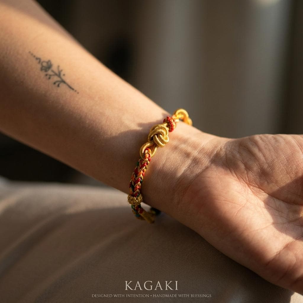 KAGAKI tibetan dragon snake cord bracelet in multicolor, weave detail, for meditation and daily intention