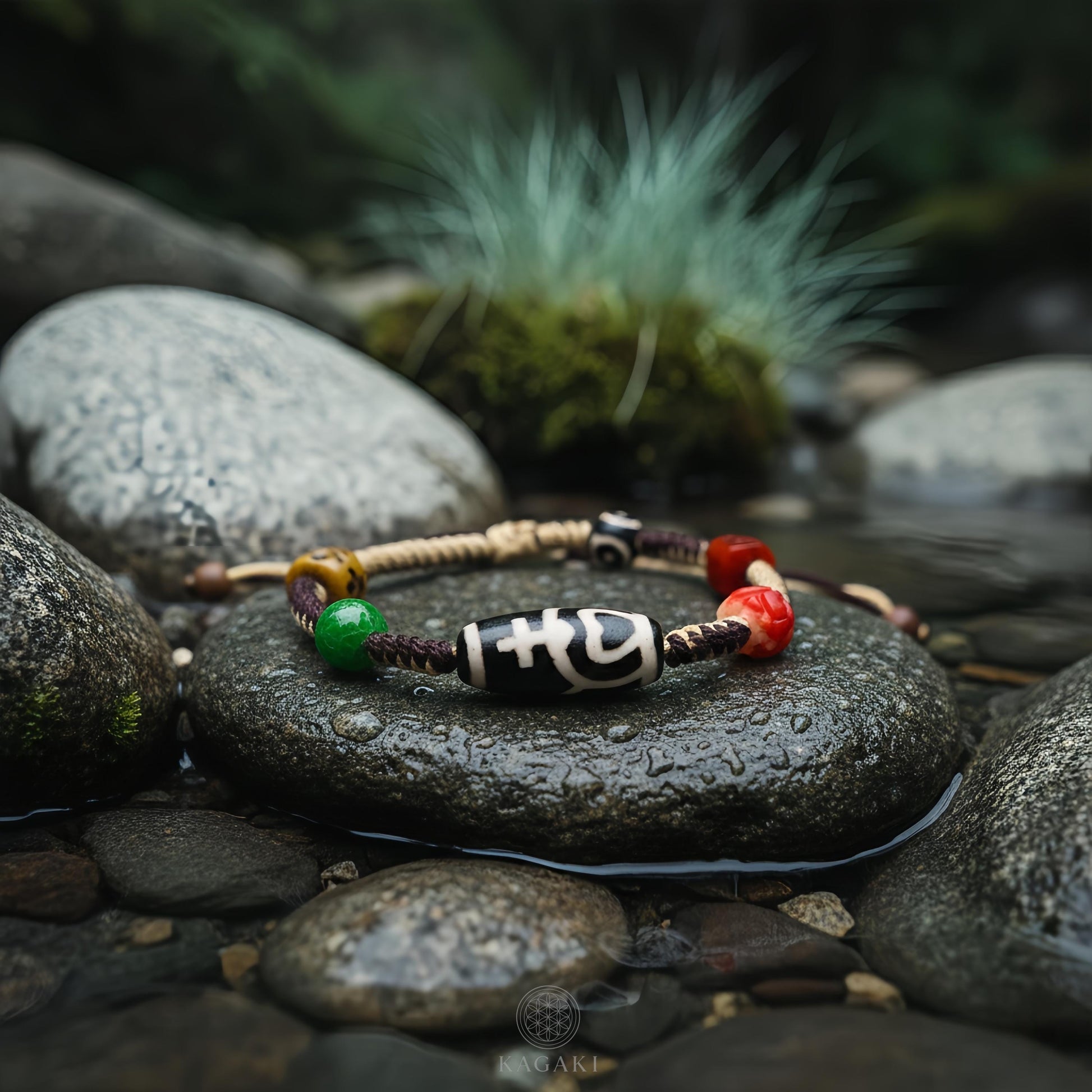 KAGAKI tibetan dzi cord amulet bracelet in natural earth tones with dzi bead, alternate angle, for meditation and daily intention