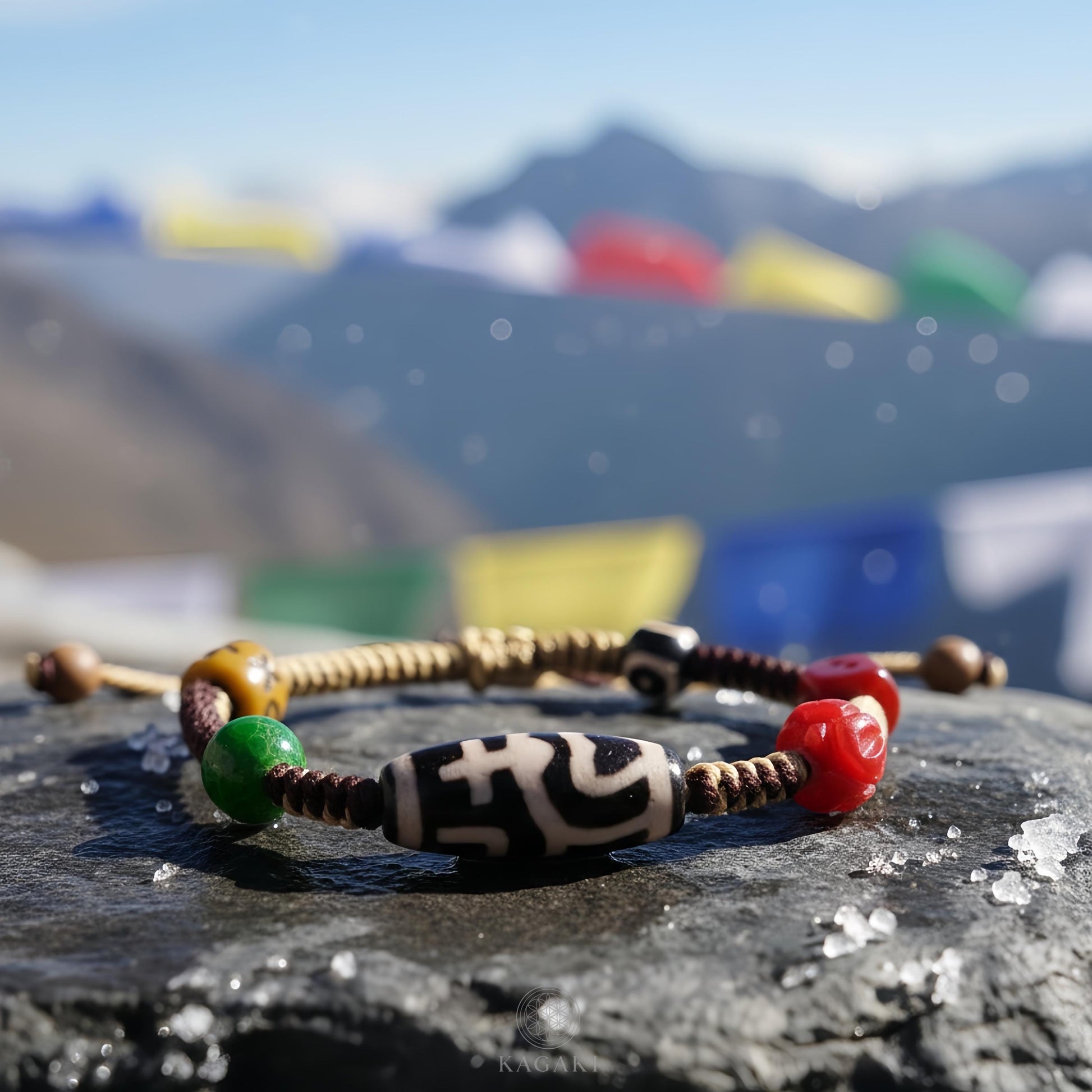 KAGAKI tibetan dzi cord amulet bracelet in natural earth tones with dzi bead, bead detail, for meditation and daily intention