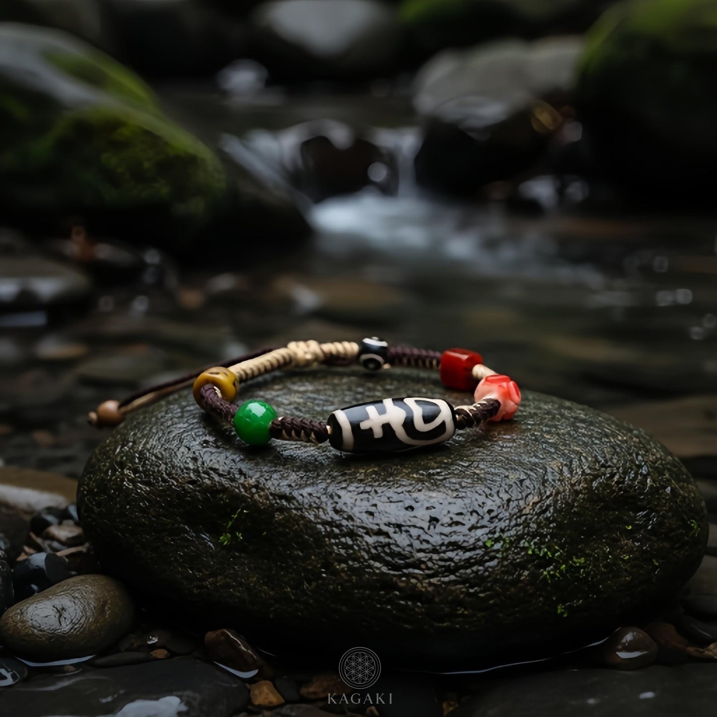 KAGAKI tibetan dzi cord amulet bracelet in natural earth tones with dzi bead, flat lay, for meditation and daily intention