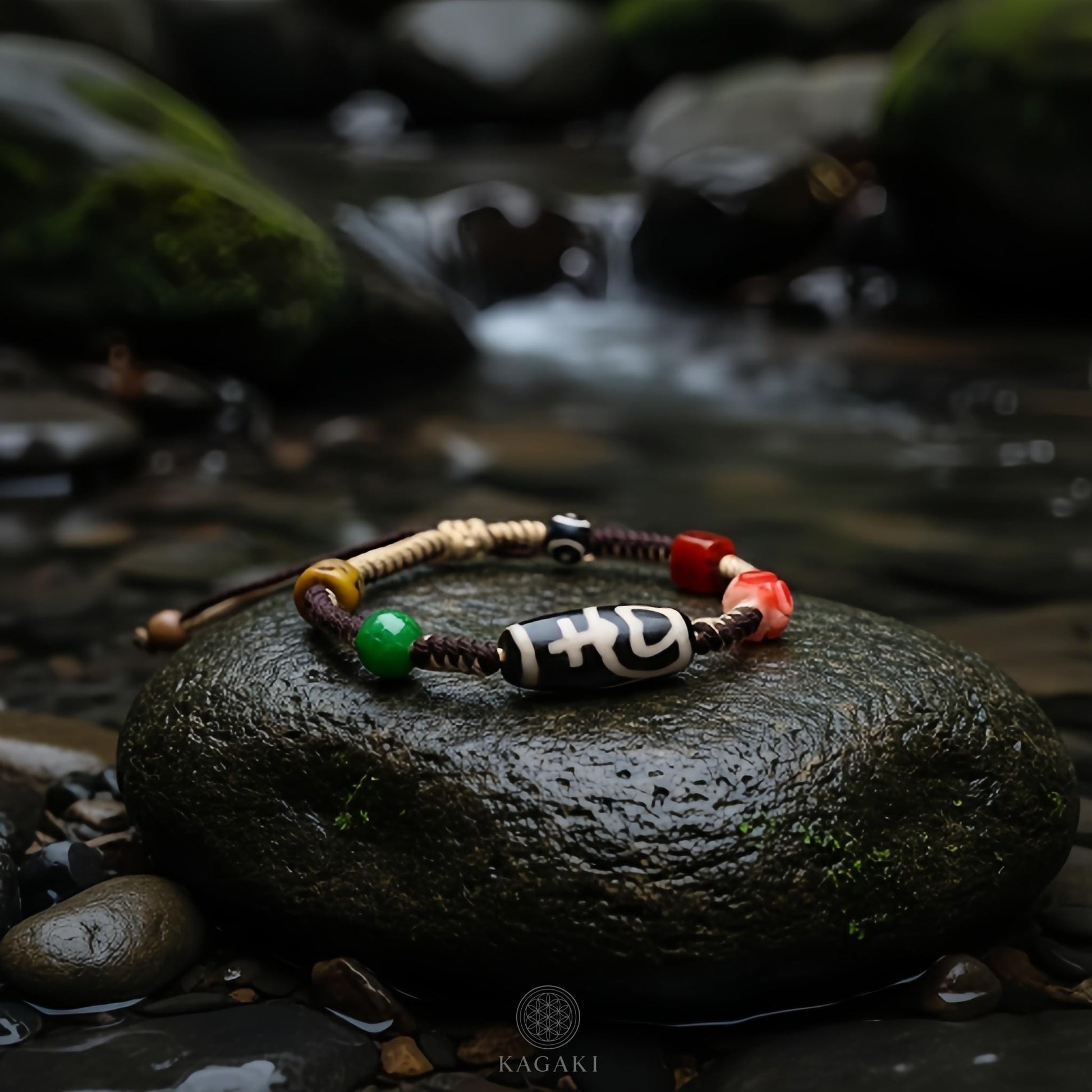 KAGAKI tibetan dzi cord amulet bracelet in natural earth tones with dzi bead, flat lay, for meditation and daily intention