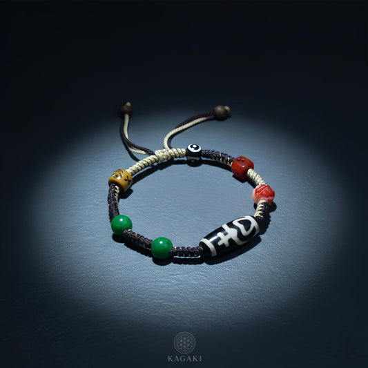 KAGAKI tibetan dzi cord amulet bracelet in natural earth tones with dzi bead, main, for meditation and daily intention