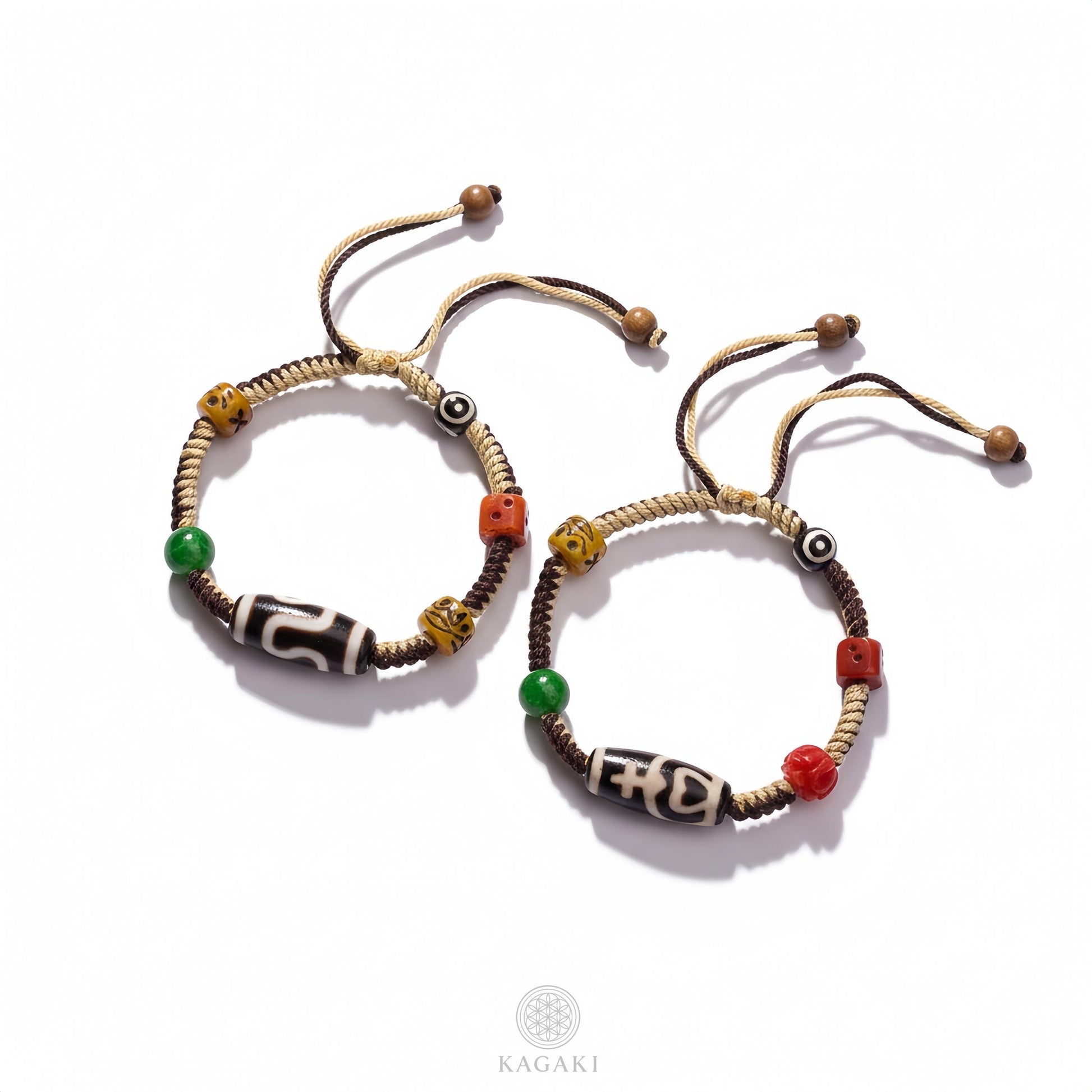 KAGAKI tibetan dzi cord amulet bracelet in natural earth tones with dzi bead, scale on hand, for meditation and daily intention