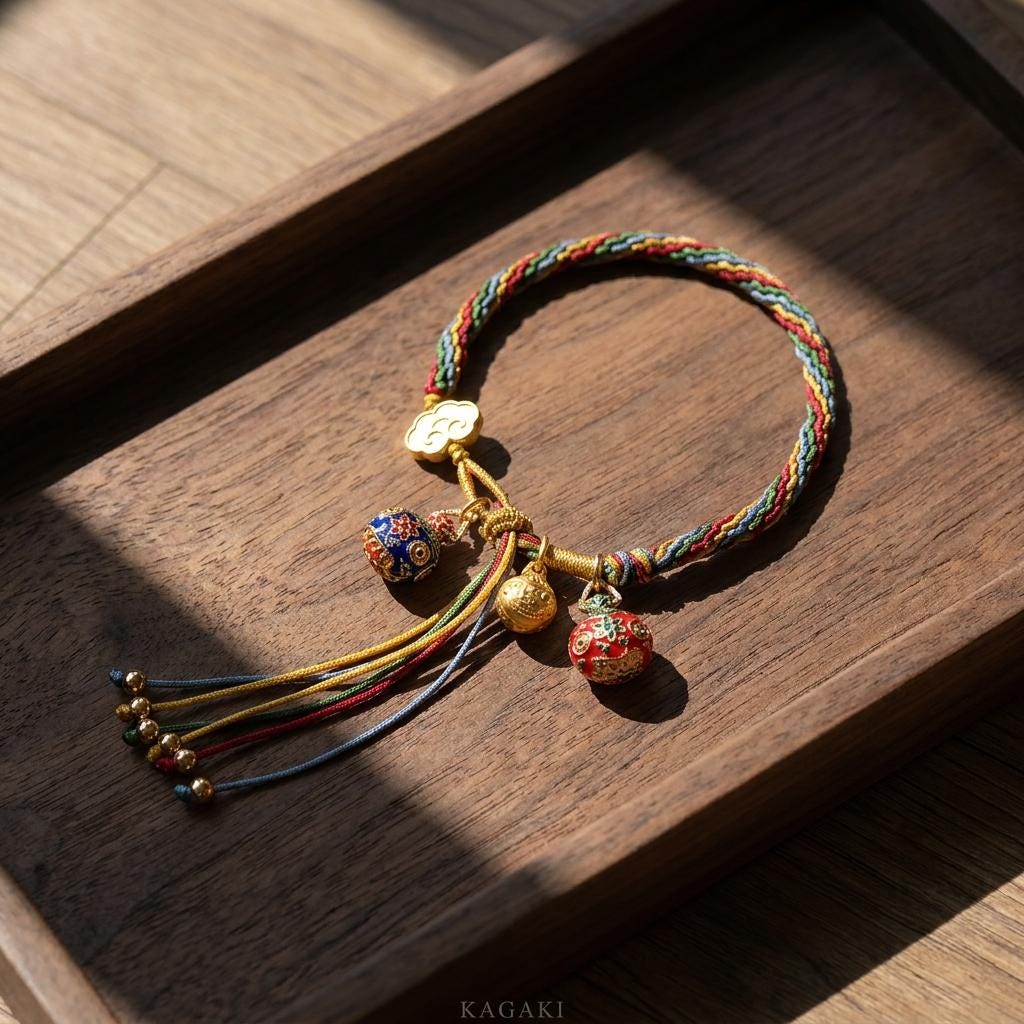 KAGAKI tibetan five-color protection bracelet in five-color multicolor, alternate angle, for meditation and daily intention