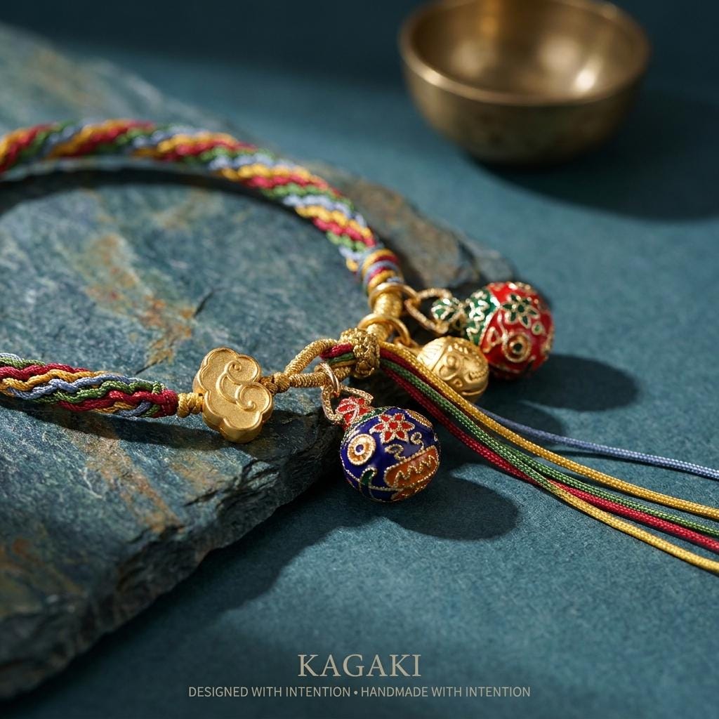 KAGAKI tibetan five-color protection bracelet in five-color multicolor, knot detail, for meditation and daily intention