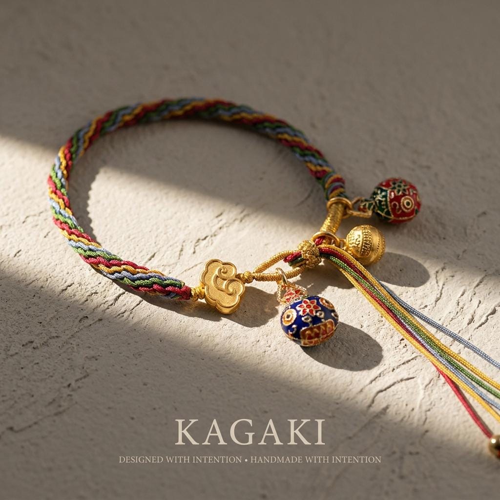 KAGAKI tibetan five-color protection bracelet in five-color multicolor, on wrist, for meditation and daily intention