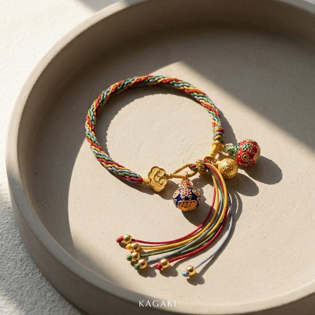 KAGAKI tibetan five-color protection bracelet in five-color multicolor, scale on hand, for meditation and daily intention