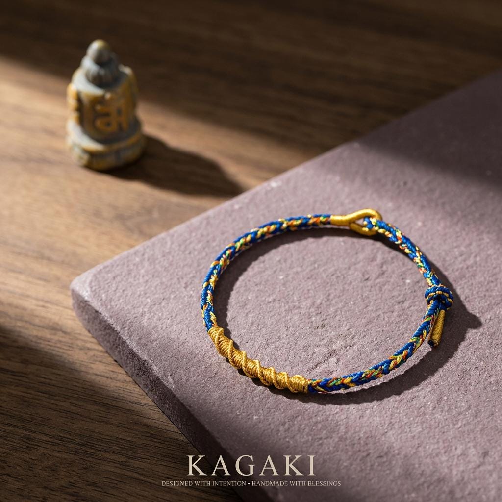 KAGAKI Tibetan guardian knot bracelet showing handwoven central knot detail with gold-tone accent