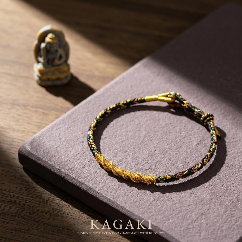 KAGAKI multicolor Tibetan guardian knot bracelet in a top-down editorial flat lay for spiritual jewelry