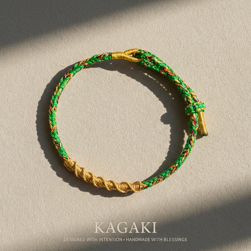 KAGAKI handwoven Tibetan cord bracelet on natural stone surface for an editorial styling view