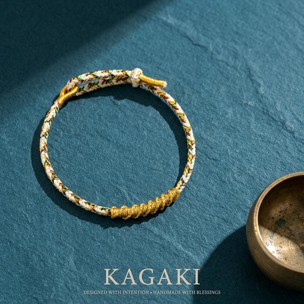 KAGAKI Tibetan guardian knot bracelet shown on hand as a scale reference for adjustable cord sizing