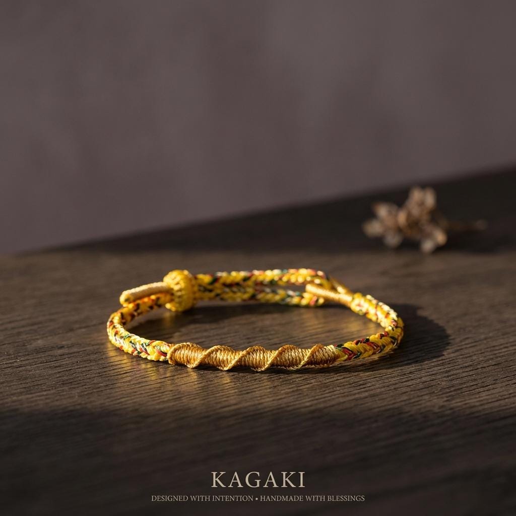 KAGAKI Tibetan guardian knot bracelet showing six color variations in handwoven cotton cord