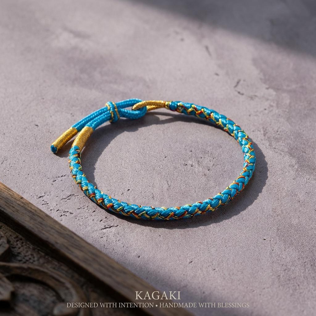 KAGAKI tibetan guardian knot cord bracelet in multicolor cotton, knot detail, for meditation and daily intention