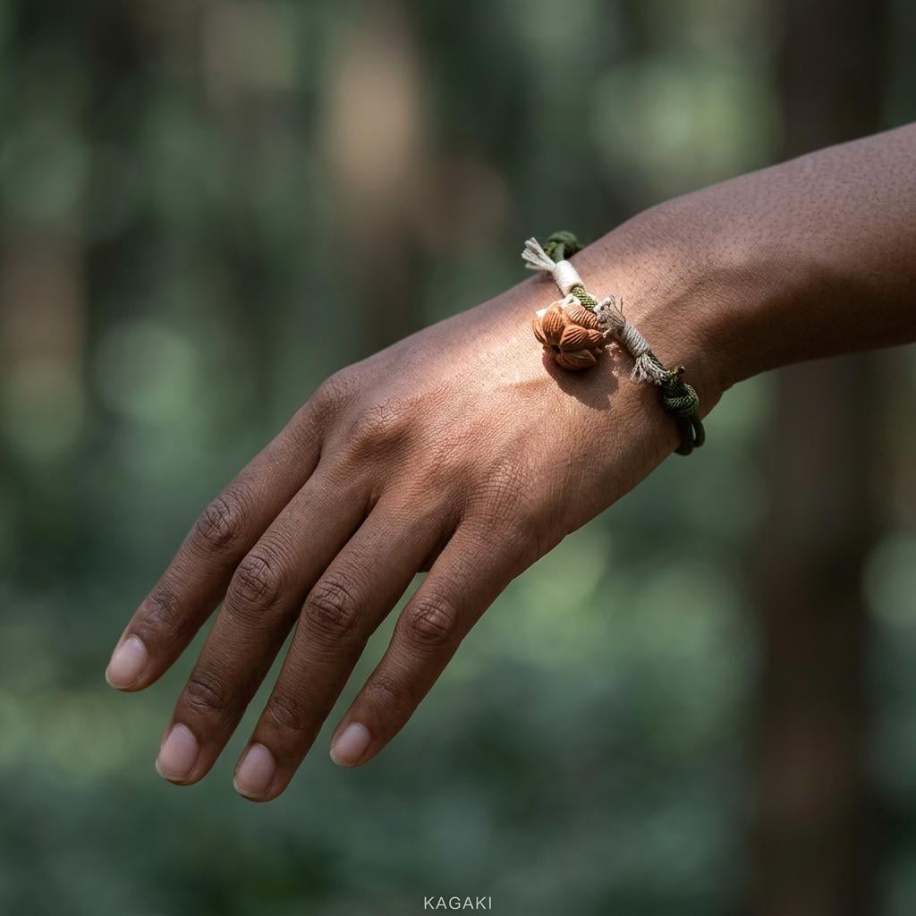 KAGAKI tibetan lotus knot cord bracelet in multicolor cotton with wood accent, alternate angle, for meditation and daily intention