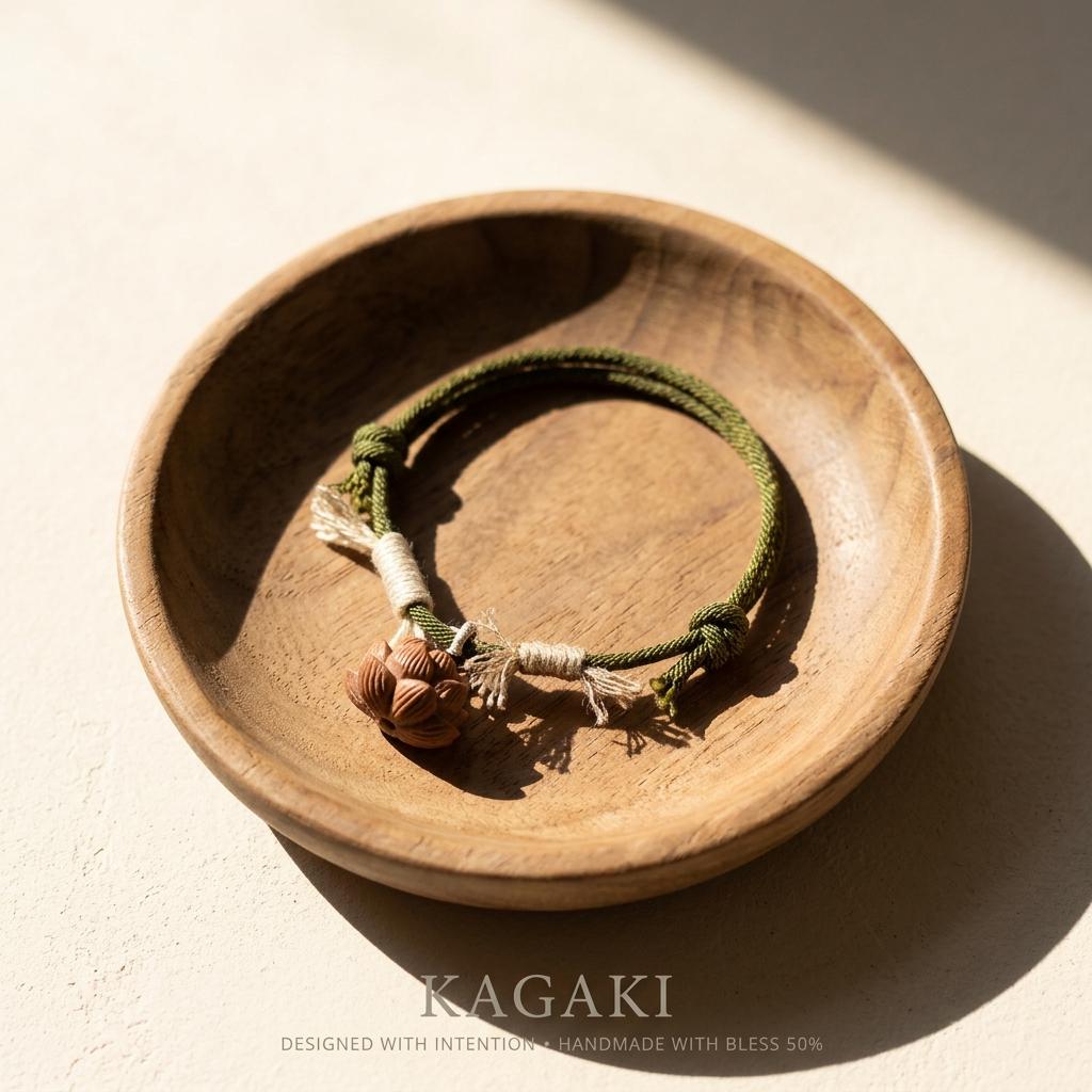 KAGAKI tibetan lotus knot cord bracelet in multicolor cotton with wood accent, gift packaging, for meditation and daily intention