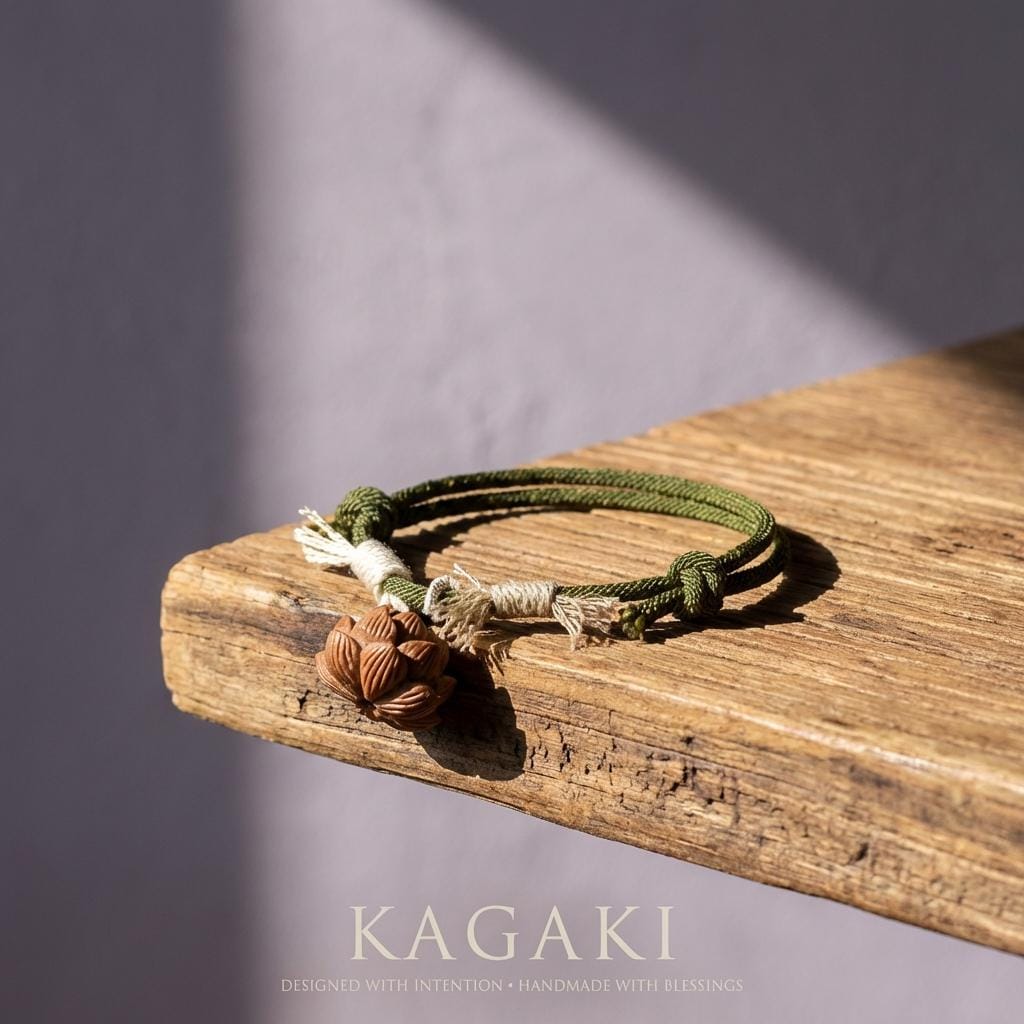 KAGAKI tibetan lotus knot cord bracelet in multicolor cotton with wood accent, knot detail, for meditation and daily intention