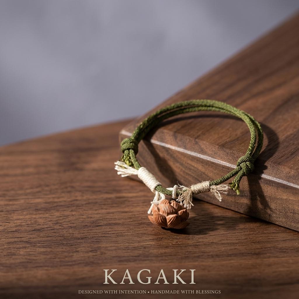 KAGAKI tibetan lotus knot cord bracelet in multicolor cotton with wood accent, main, for meditation and daily intention