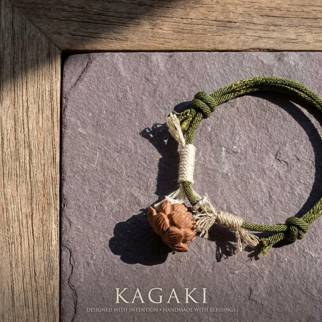 KAGAKI tibetan lotus knot cord bracelet in multicolor cotton with wood accent, on wrist, for meditation and daily intention
