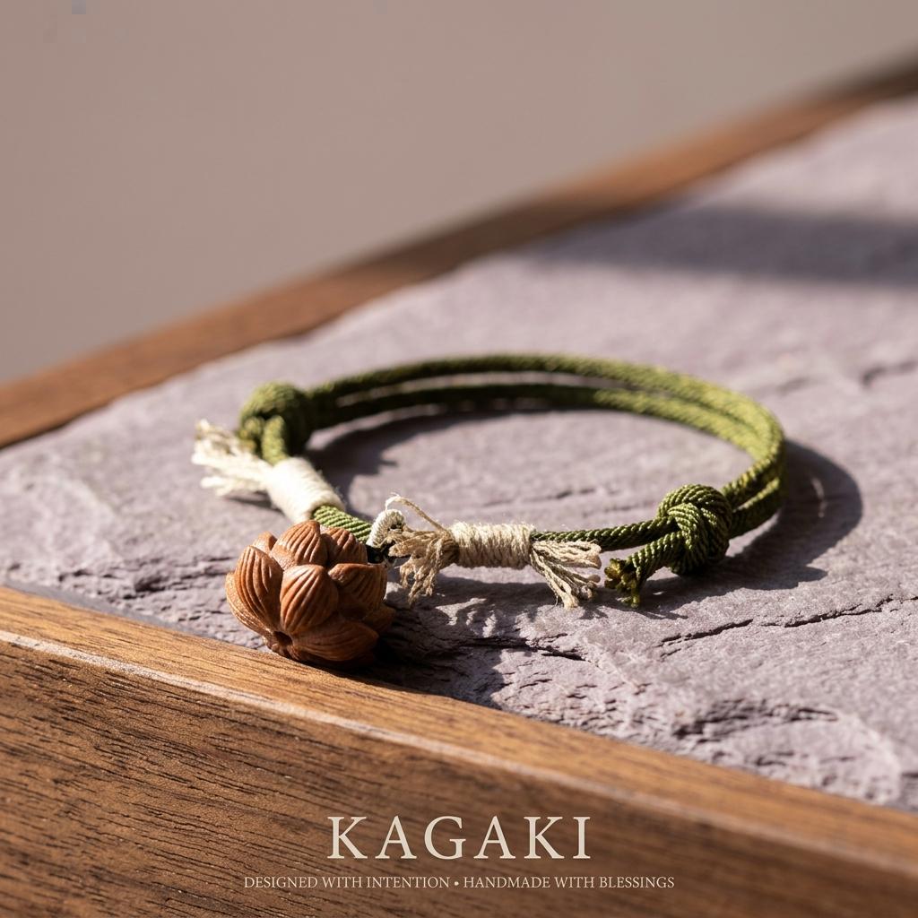 KAGAKI tibetan lotus knot cord bracelet in multicolor cotton with wood accent, scale on hand, for meditation and daily intention