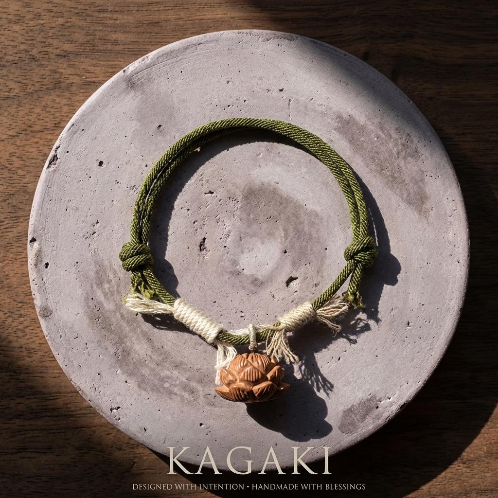 KAGAKI tibetan lotus knot cord bracelet in multicolor cotton with wood accent, variation showcase, for meditation and daily intention