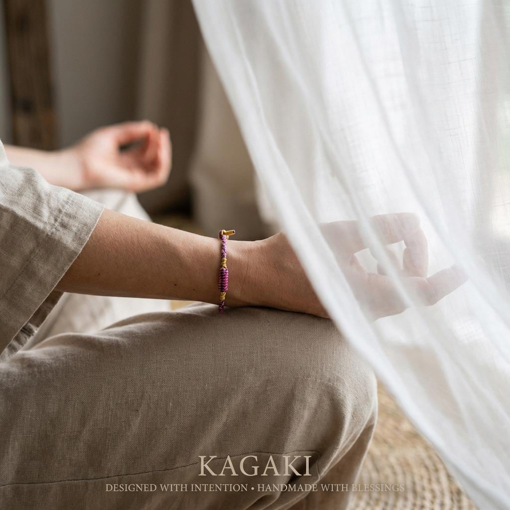 KAGAKI tibetan meditation cord bracelet in multicolor cotton, alternate angle, for meditation and daily intention