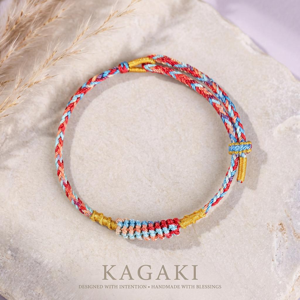 KAGAKI tibetan meditation cord bracelet in multicolor cotton, flat lay, for meditation and daily intention