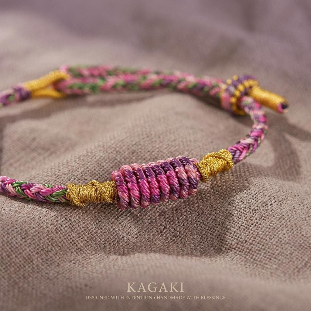 KAGAKI tibetan meditation cord bracelet in multicolor cotton, on wrist, for meditation and daily intention