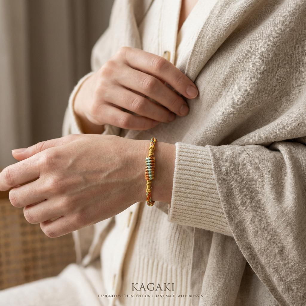 KAGAKI tibetan meditation cord bracelet in multicolor cotton, packaging detail, for meditation and daily intention