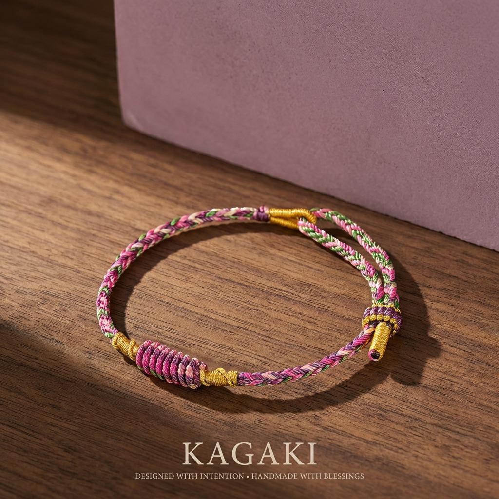KAGAKI tibetan meditation cord bracelet in multicolor cotton, weave detail, for meditation and daily intention