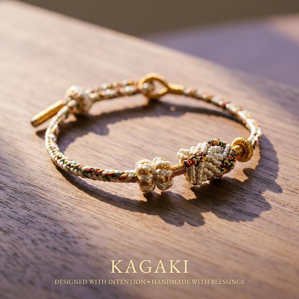 KAGAKI Tibetan meditation protection bracelet in deep black handwoven cord with gold-tone accent, alternate angle styling view, for grounding and daily intention