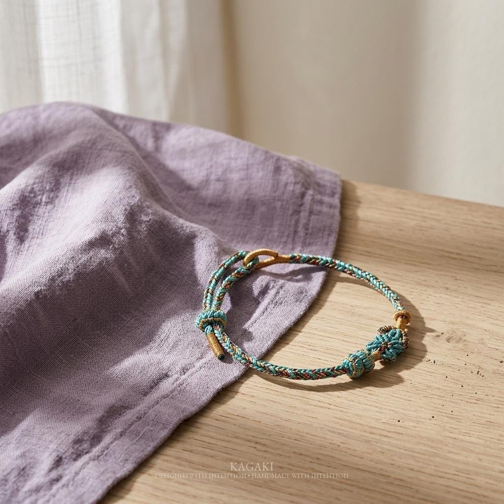 KAGAKI Tibetan meditation protection bracelet in deep black handwoven cord with gold-tone accent, top-down editorial flat-lay view, for grounding and daily intention